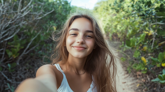 Una adolescente se hace un selfie en la naturaleza