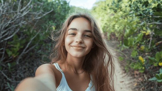 Una adolescente se hace un selfie en la naturaleza