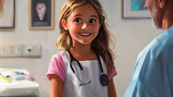 Una niña juega con el fonendo de su pediatra
