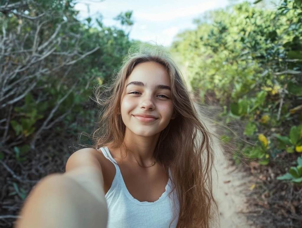 Una adolescente se hace un selfie en la naturaleza