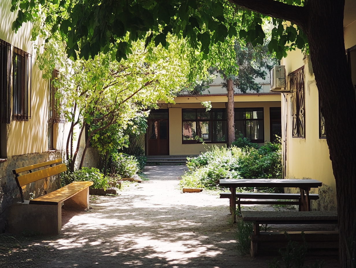Un patio de un colegio con muchas zonas de sombra y naturaleza