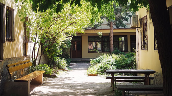 Un patio de un colegio con muchas zonas de sombra y naturaleza