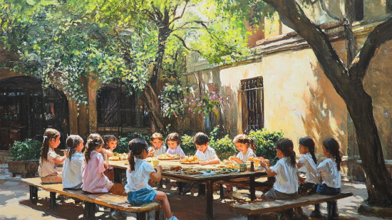 Un grupo de niños tomando el almuerzo en el patio