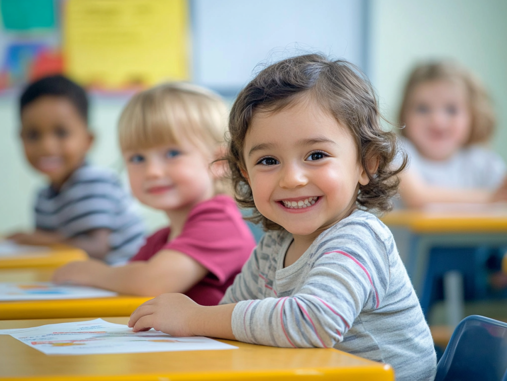Niñas y niños pequeños en clase de inglés