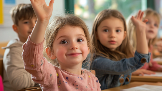 Un aula de una academia de idiomas con niños y niñas pequeños