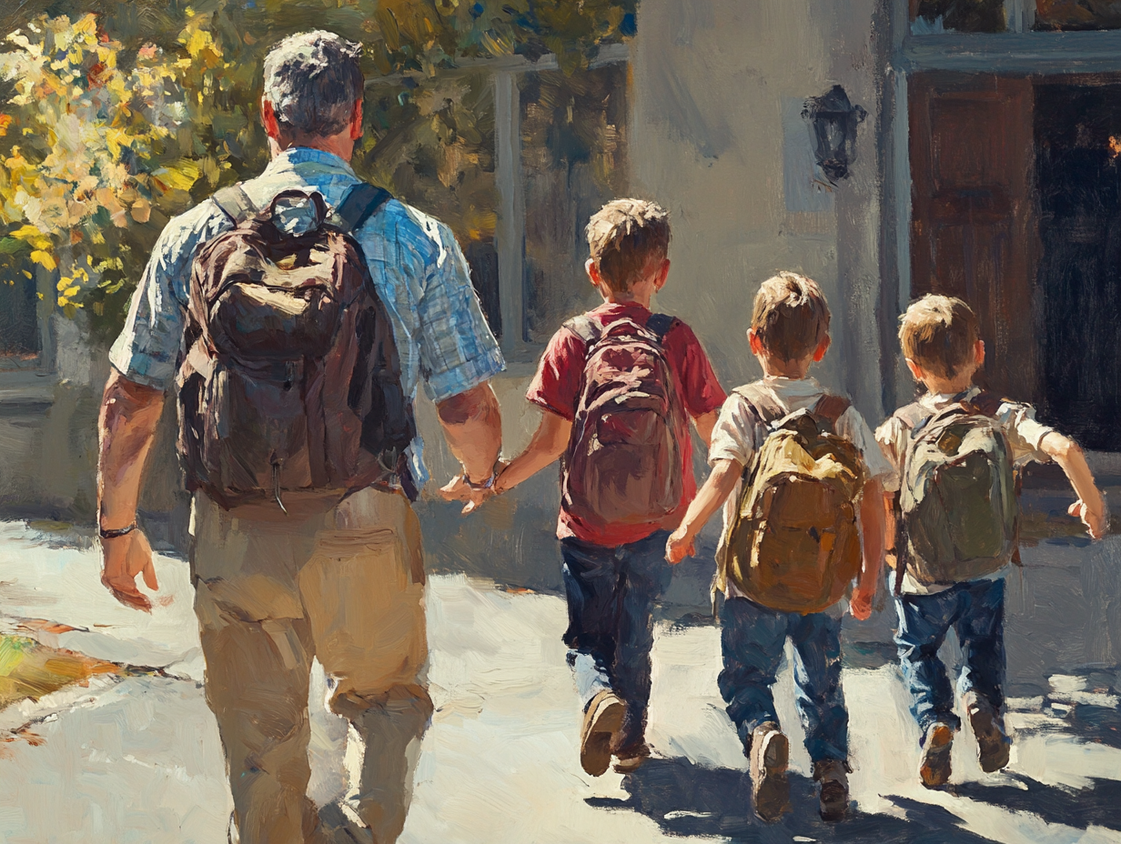 Un padre deja a sus hijos en la puerta del colegio