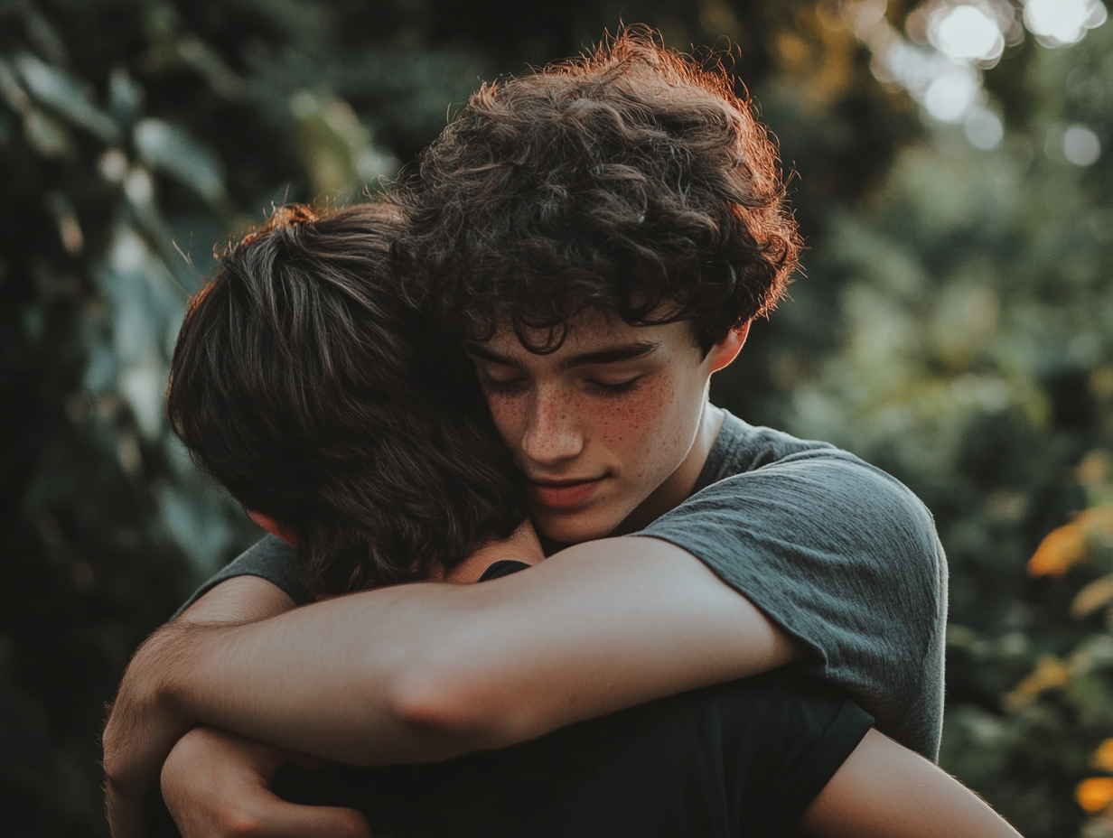 Dos amigos adolescentes se abrazan