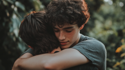 Dos amigos adolescentes se abrazan