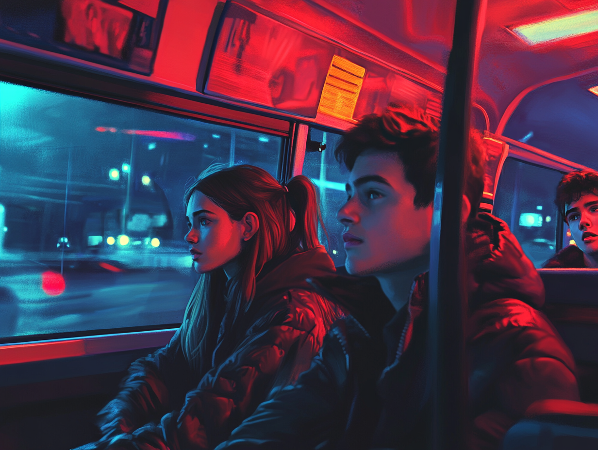 Dos adolescentes vuelven a casa en el autobús nocturno