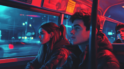 Dos adolescentes vuelven a casa en el autobús nocturno