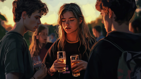 Un grupo de adolescentes en una quedada al aire libre con bebidas alcohólicas