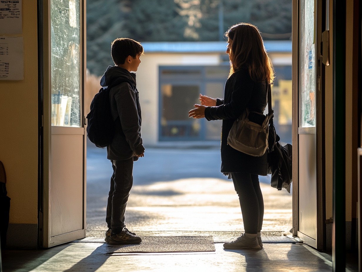 Una madre y su hijo hablan en la puerta del colegio