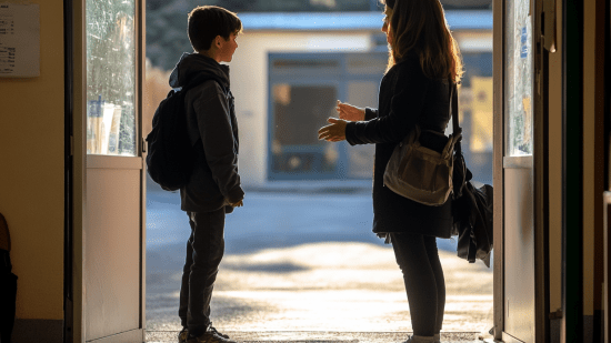 Una madre y su hijo hablan en la puerta del colegio