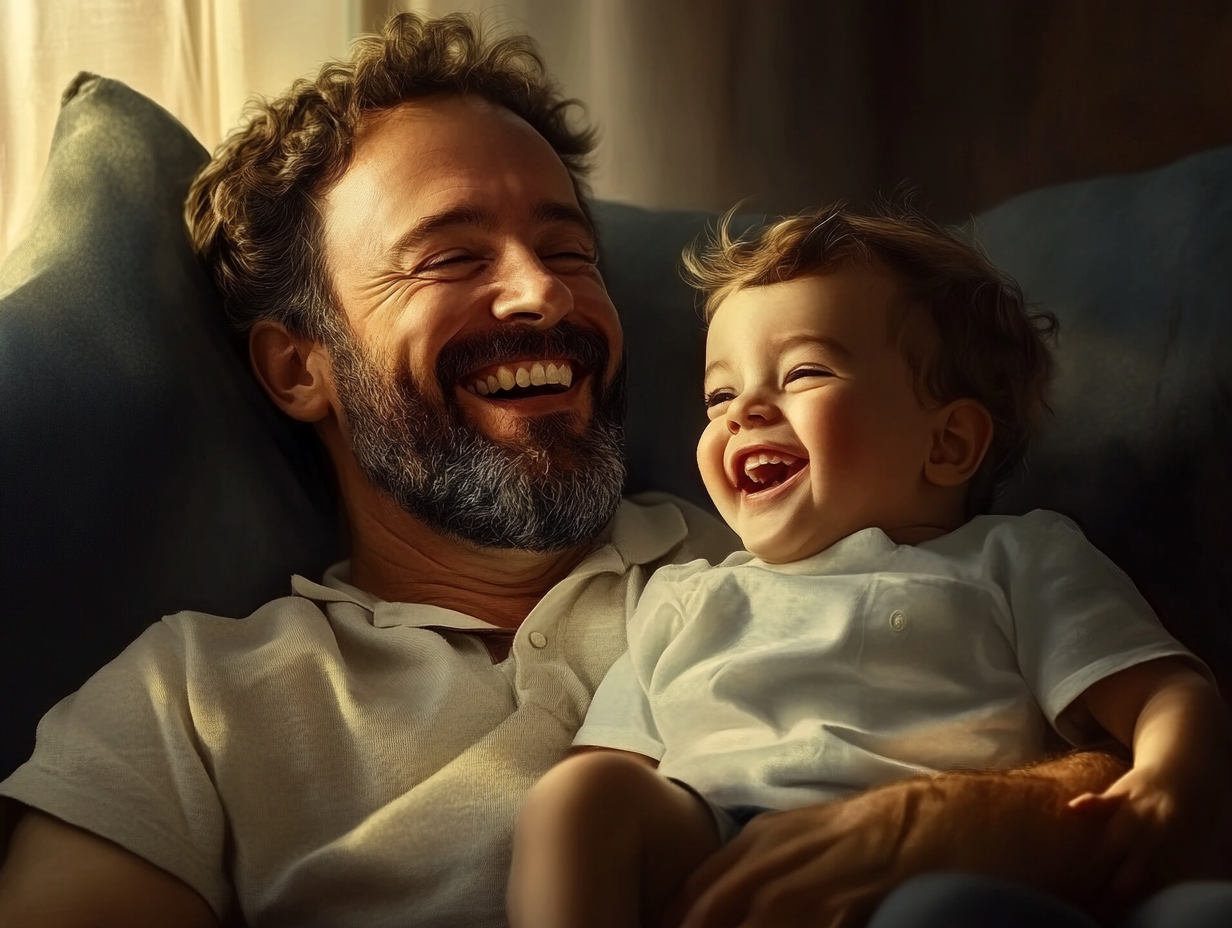 Un padre hace reír a su hijo pequeño