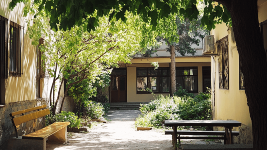 Un patio de un colegio con muchas zonas de sombra y naturaleza