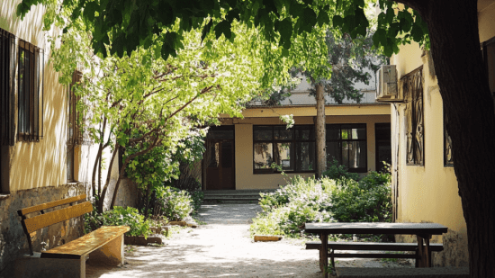 Un patio de un colegio con muchas zonas de sombra y naturaleza