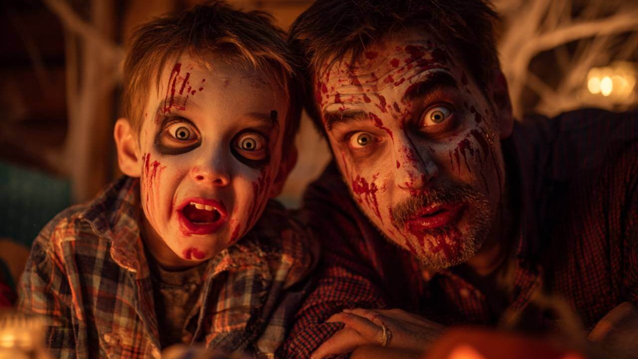 Padre e hijo disfrazados con ojos saltones
