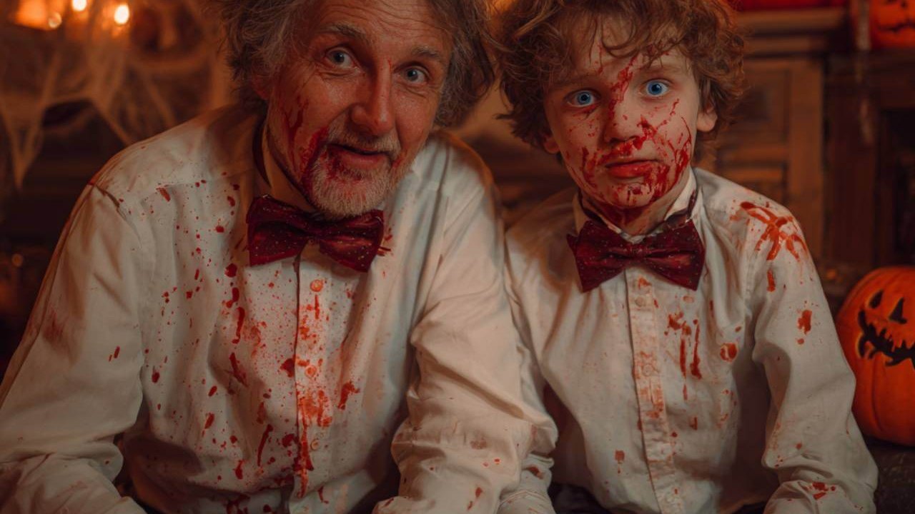 Padre e hijo, con sangre de mentira en sus disfraces de Halloween