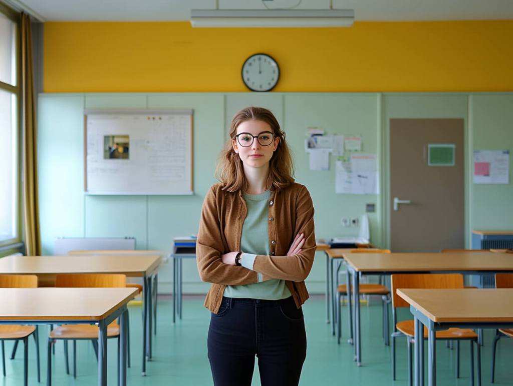 Una profesora en un aula vacía