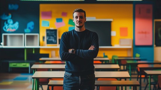 Un profesor con la clase vacía a su espalda