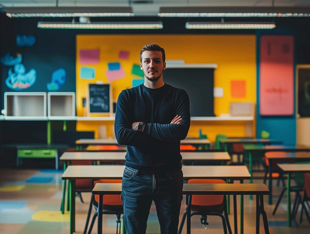 Un profesor con la clase vacía a su espalda