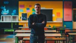 Un profesor con la clase vacía a su espalda