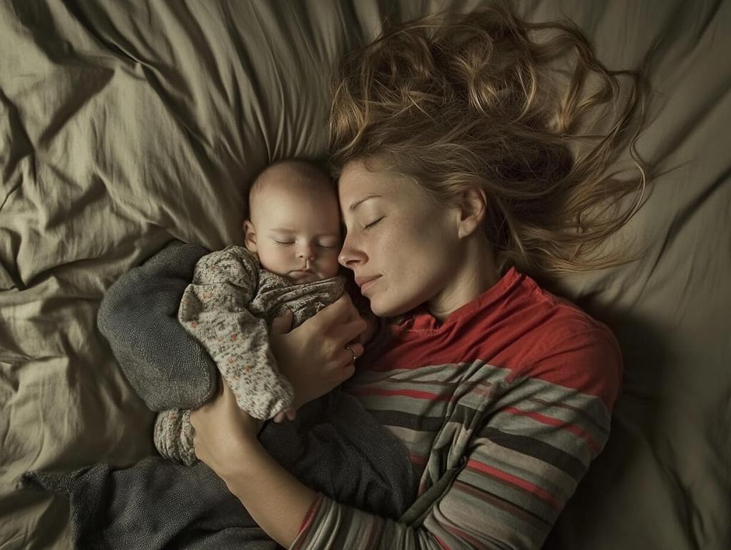 Una mamá descansa en la cama con su bebé