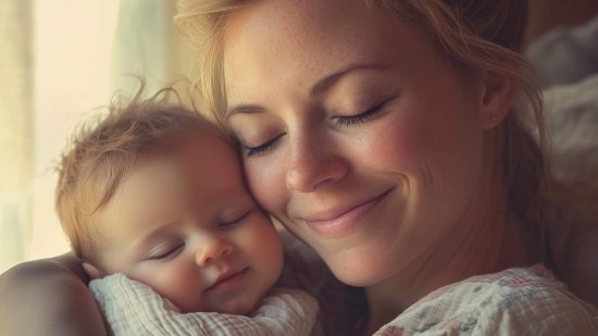 Una madre, feliz, abrazando a su peque