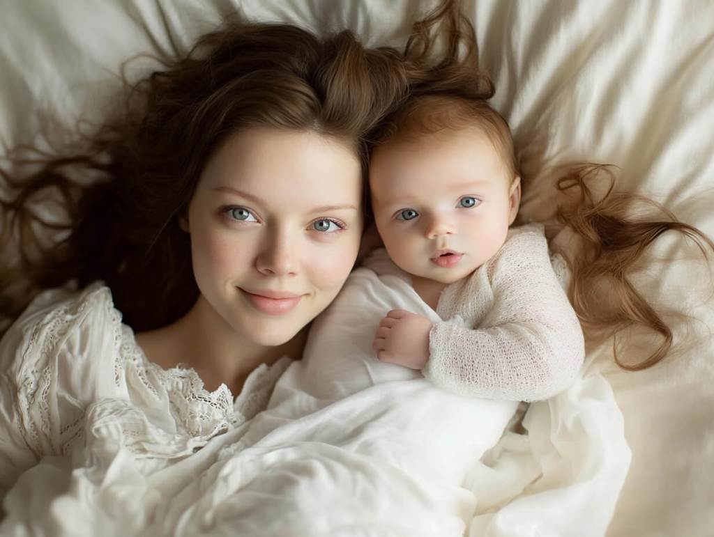 Un bebé y su mamá, en la cama