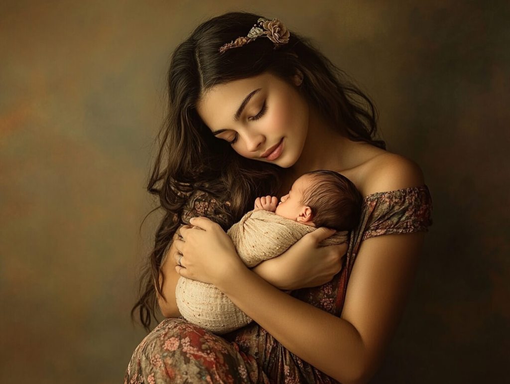 Una madre joven posa con su bebé