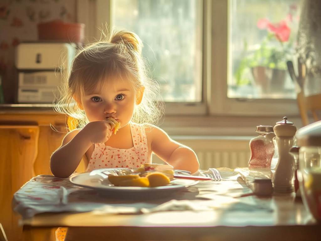 Una niña pequeña comiendo en casa
