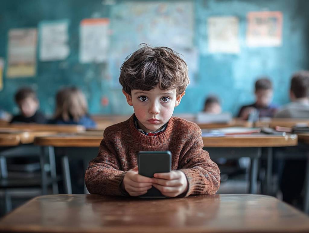 Un niño con un móvil en clase