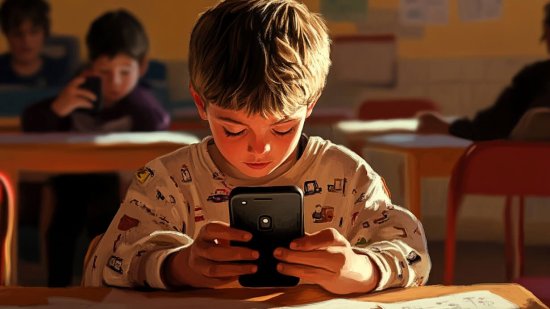 Un niño mira el móvil en el colegio
