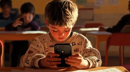 Un niño mira el móvil en el colegio