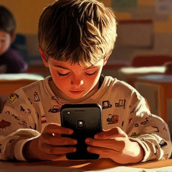 Un niño mira el móvil en el colegio