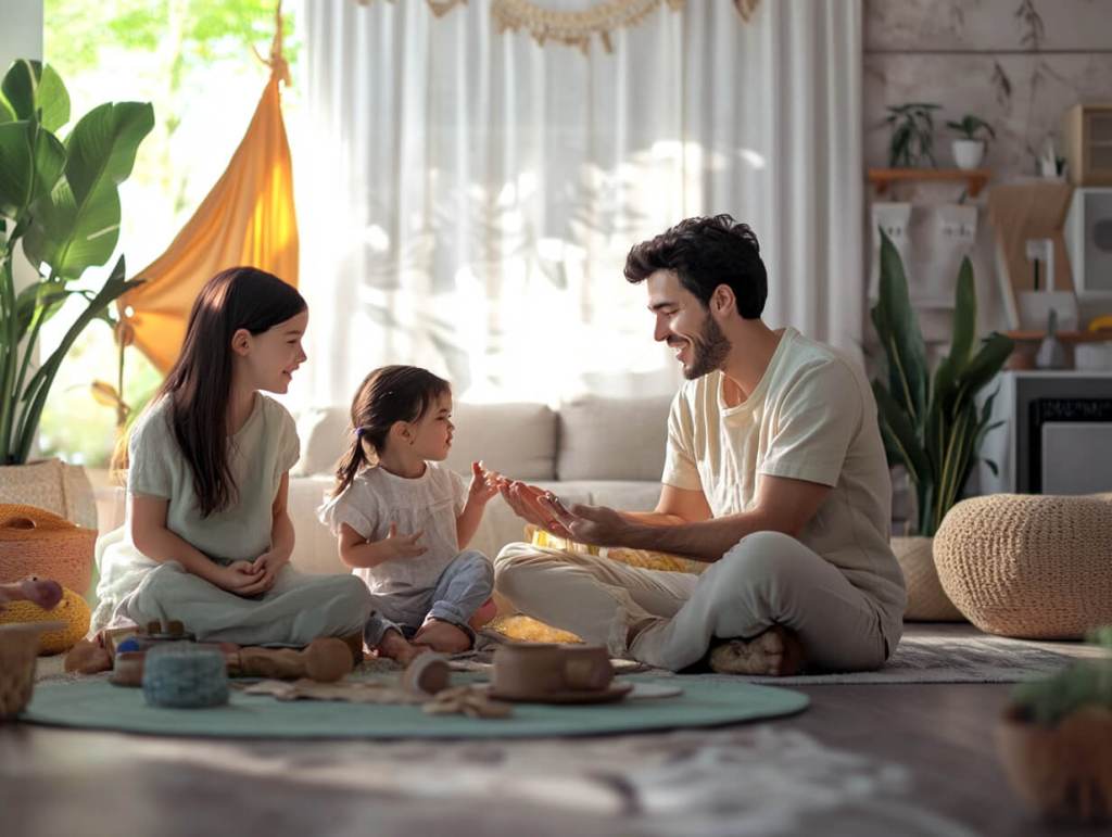 Una familia jugando en casa