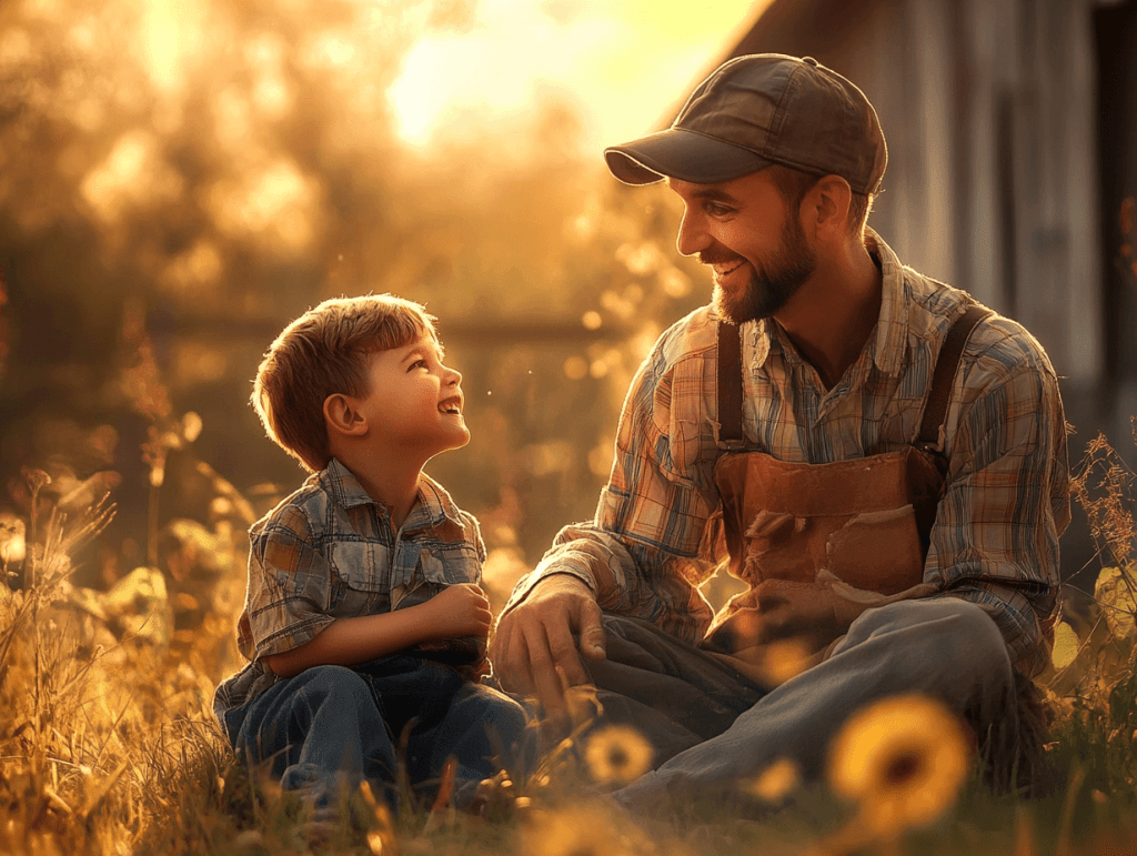 Padre e hijo conversan felizmente