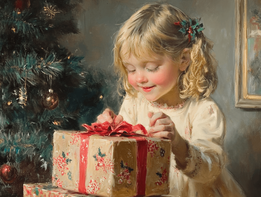 Una niña abre un regalo de Navidad