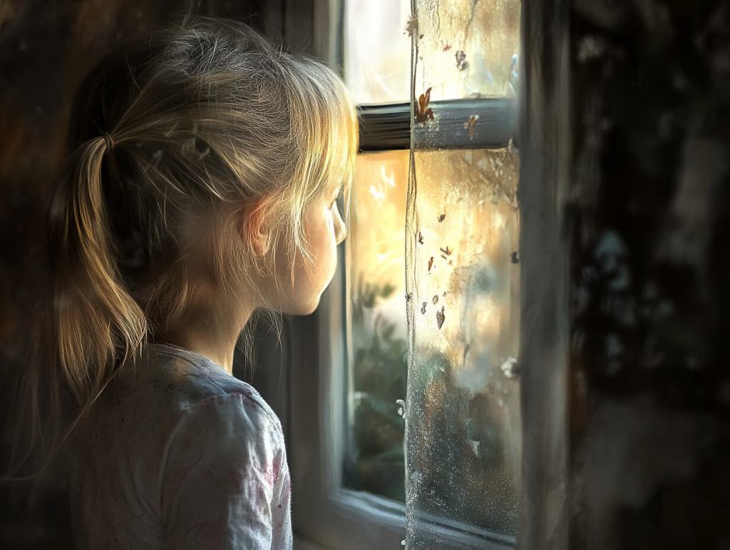 Una niña mirando por la ventana