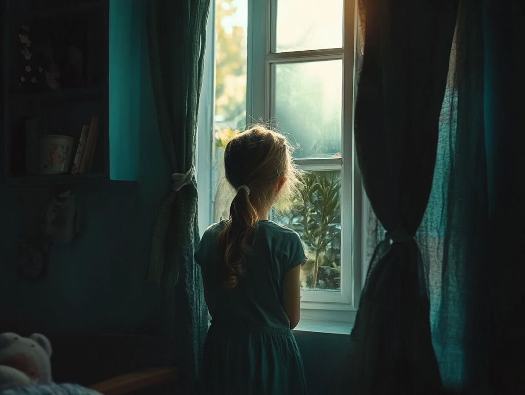 Una niña mira por la ventana cerrada