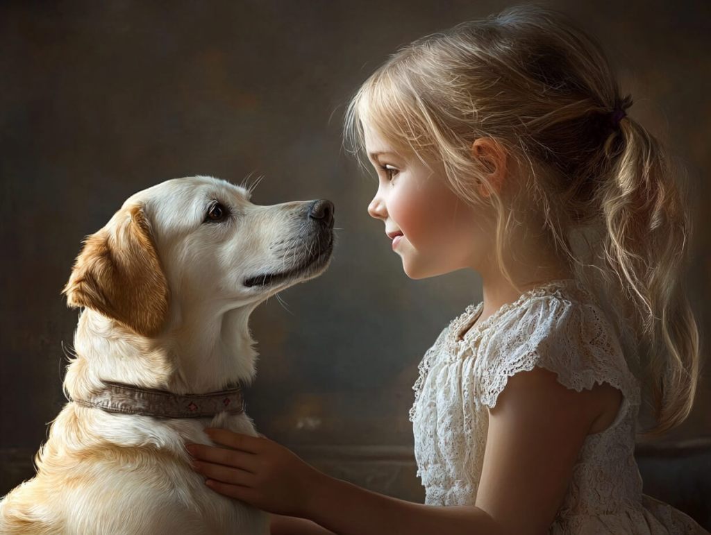 Una niña y un perro mirándose frente a frente