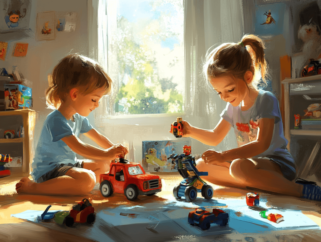 Dos niños con sus juguetes