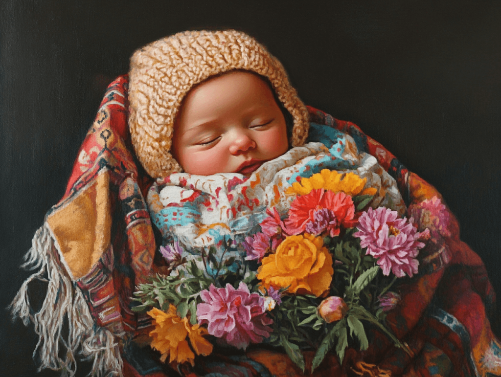 Retrato de un bebé recién nacido con flores