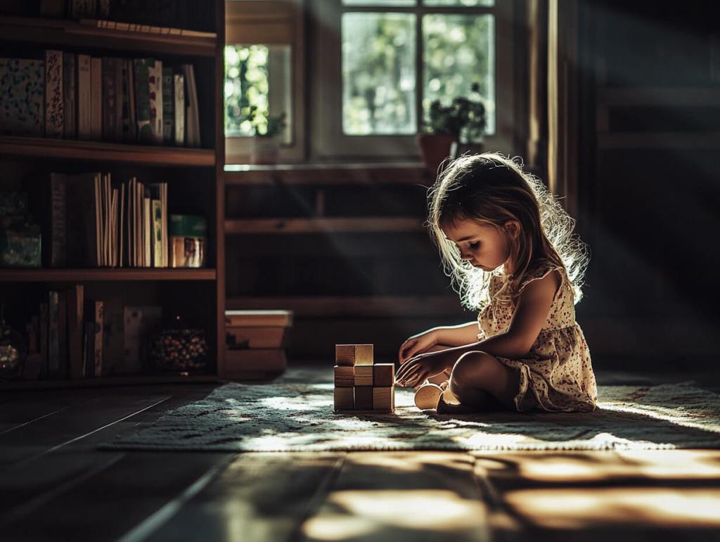 Una niña jugando con un juguete de madera