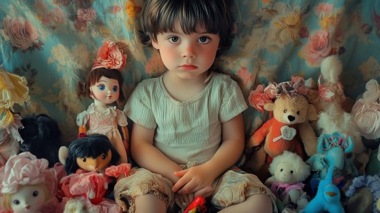 Un niño rodeado de muñecas
