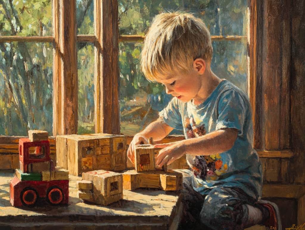 Un niño jugando con bloques de madera