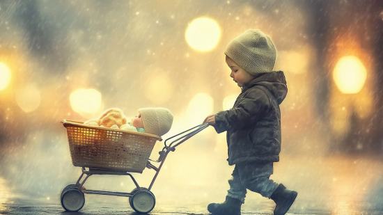 Un niño pasea un bebé de juguete