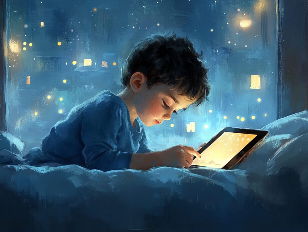 Un niño mirando una tablet antes de dormir