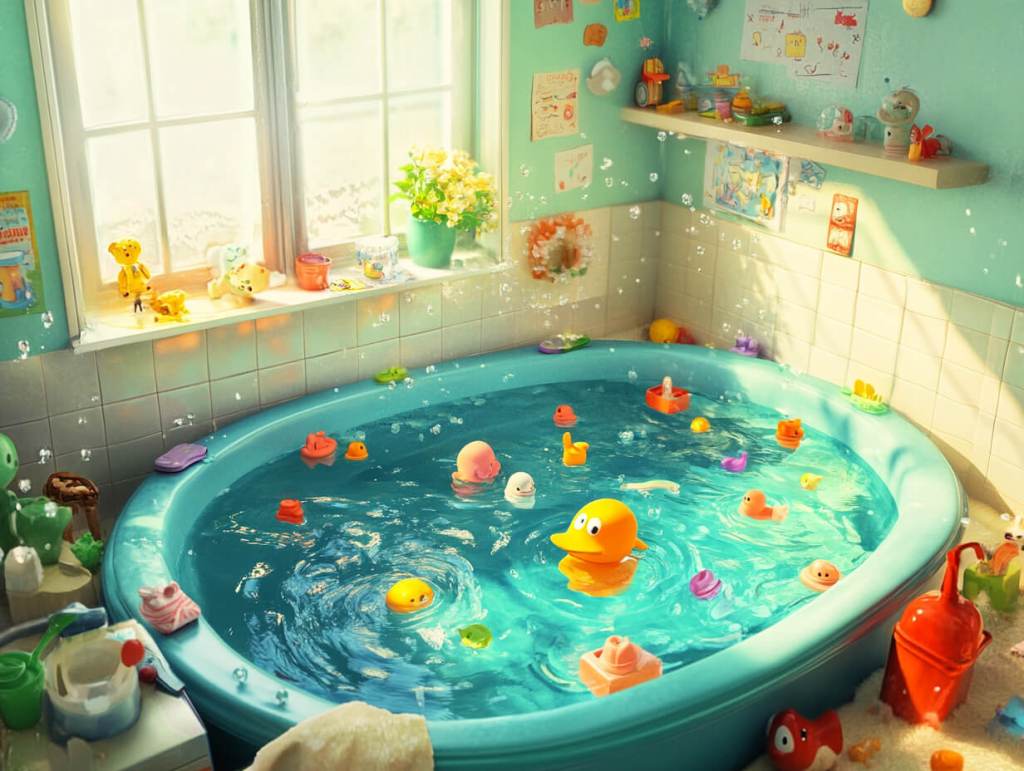 Una bañera llena de agua y juguetes