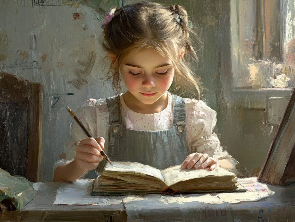 Una niña, leyendo y escribiendo